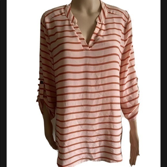 DE Collection Orange Striped VNeck 3/4 Sleeve Blouse - Picture 2 of 12